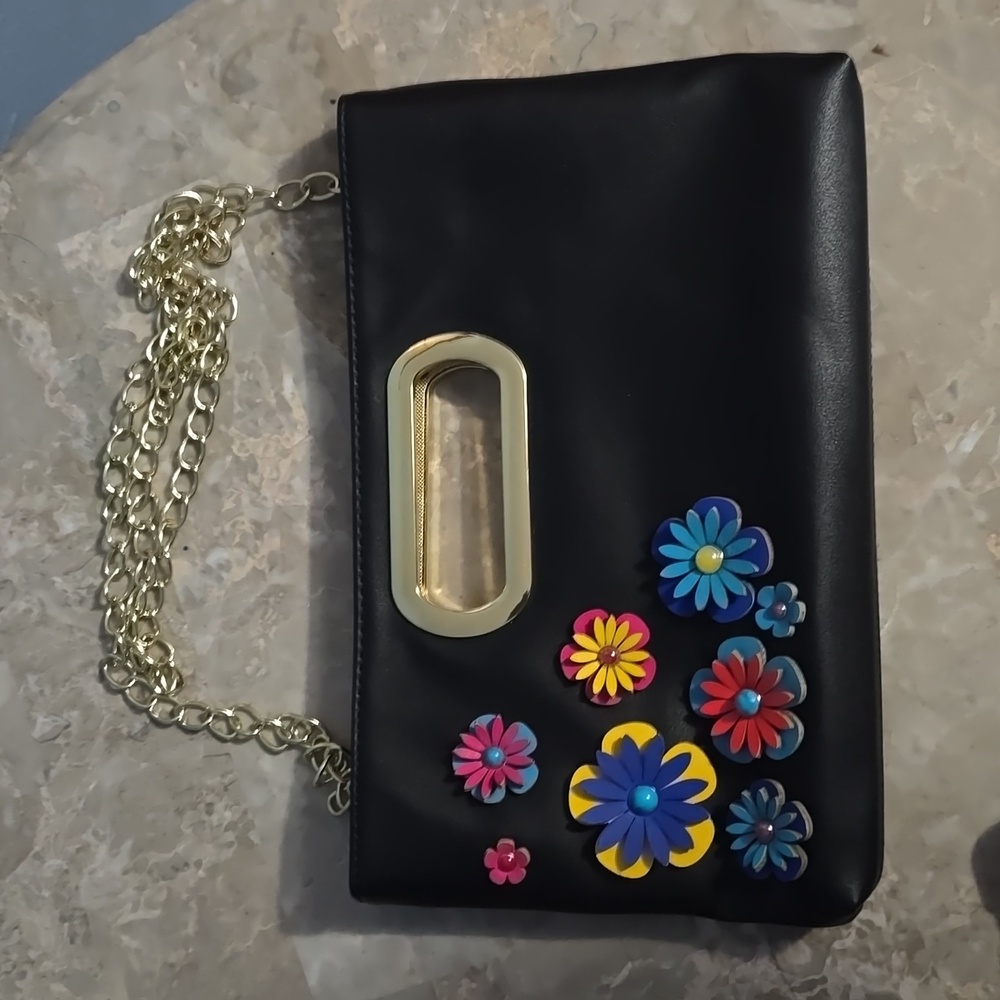 Imoshion Black Flower Applique Crossbody Clutch NWT